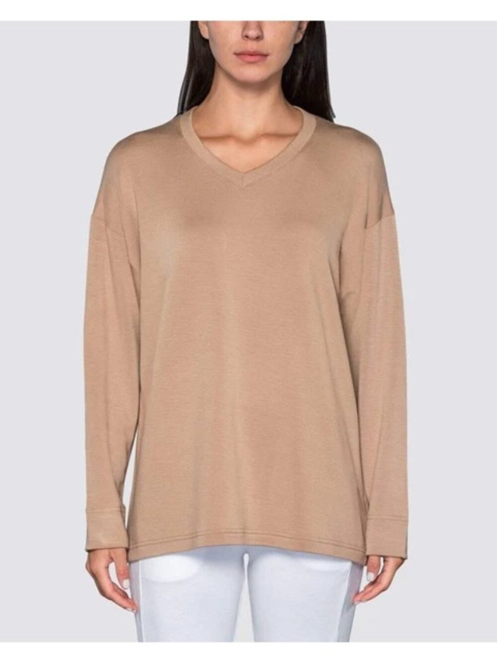 BleuSalt women's 1 small camel tan The oversized v-neck sweater lagenlook casual
